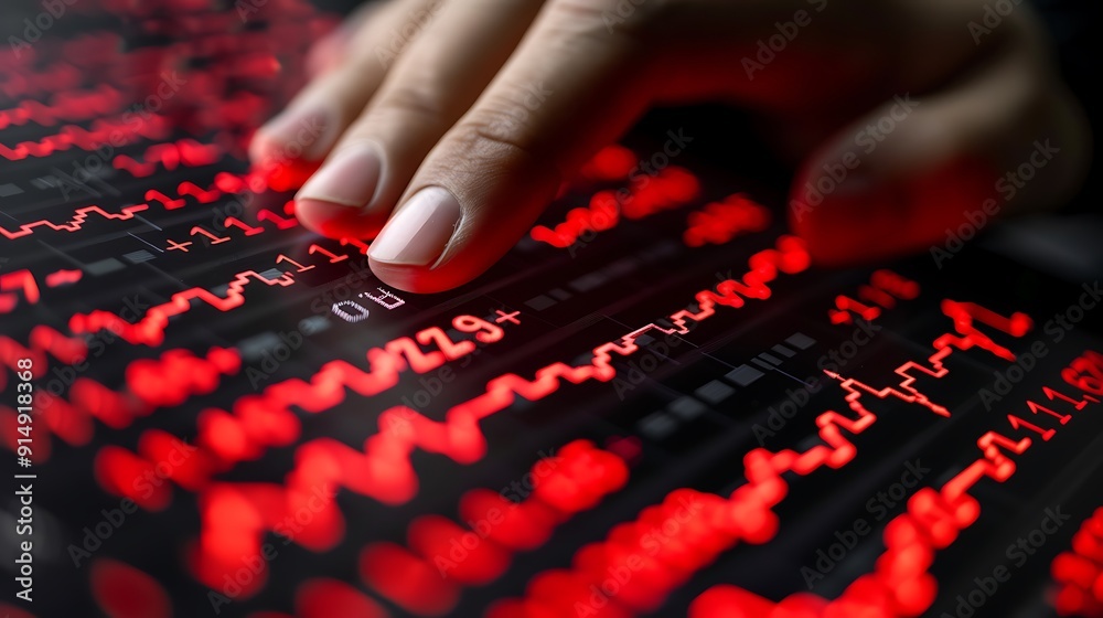 A hand rapidly pressing the sell button on a sleek digital stock market interface, with multiple red arrows showing downward trends in the background, sharp focus on the hand and button, A hand rapidly pressing the sell button on a sleek digital stock market interface, with multiple red arrows showing downward trends in the background, sharp focus on the hand and button,