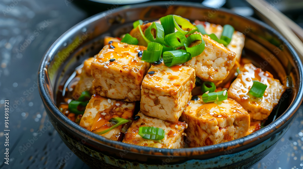 Tofu with Sesame Seeds and Green Onions, Food Photography Tofu with Sesame Seeds and Green Onions, Food Photography