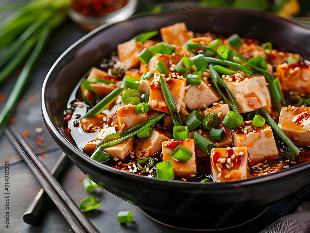 Tofu with Sesame Seeds and Green Onions - Food Photo