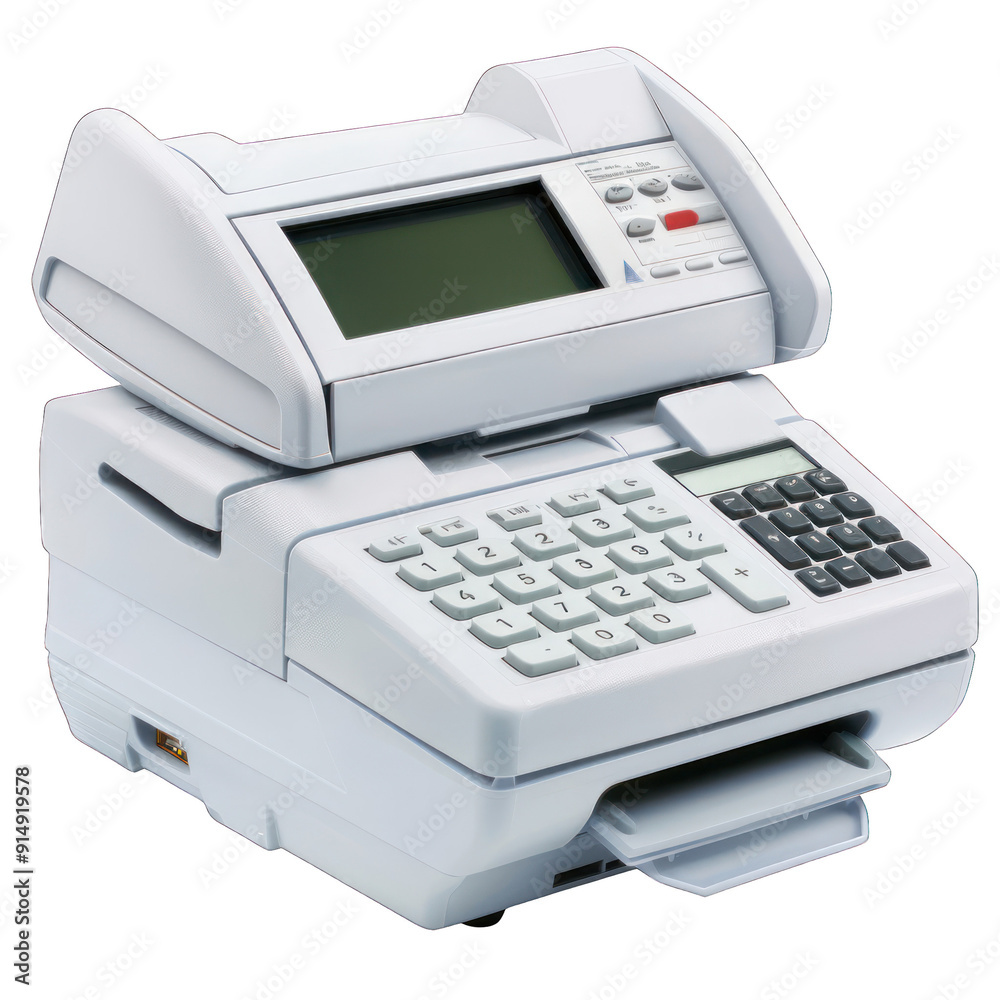 A modern fax machine featuring a digital display and extensive keypad for easy communication and document transmission. transparent background A modern fax machine featuring a digital display and extensive keypad for easy communication and document transmission. transparent background