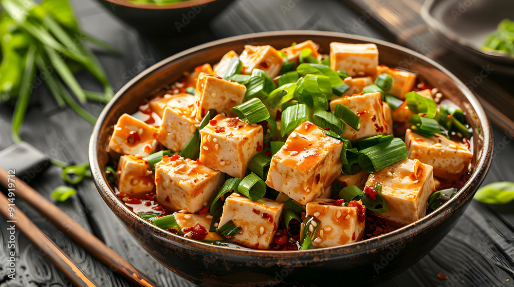 Spicy Tofu with Green Onions and Sesame Seeds - Food Photo Spicy Tofu with Green Onions and Sesame Seeds - Food Photo