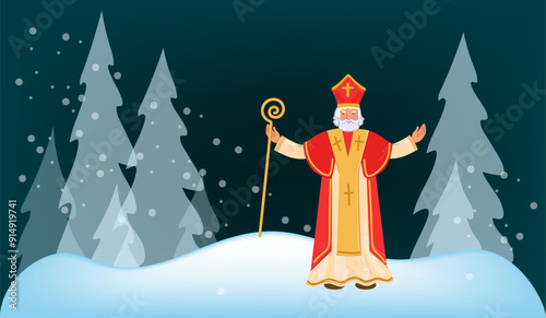 Cute Christmas  greeting card with Saint Nicholas on blue background. European winter tradition. Hand drawn flat design, vector illustration.