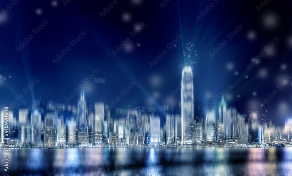 A blurred cityscape of Hong Kong at night with white lights and glowing beams of light emanating from the tall buildings over the water. A blurred cityscape of Hong Kong at night with white lights and glowing beams of light emanating from the tall buildings over the water.