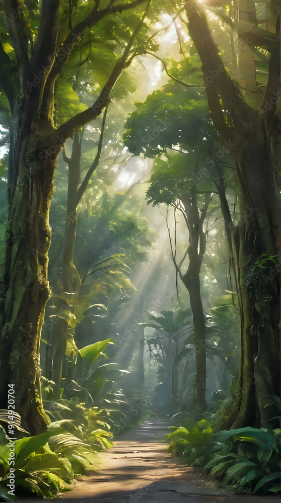 Obraz premium sunlight shining through the trees in a tropical forest