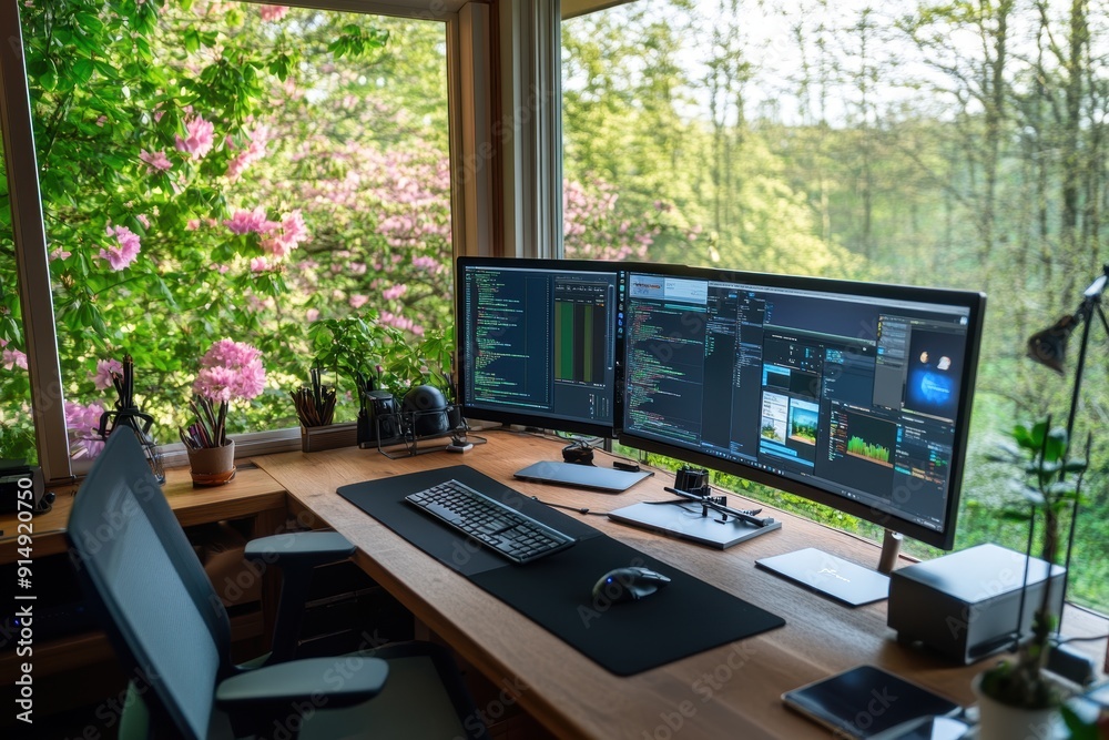Fototapeta premium A modern workspace with dual monitors, keyboard, and fresh greenery visible through large windows, perfect for productivity.