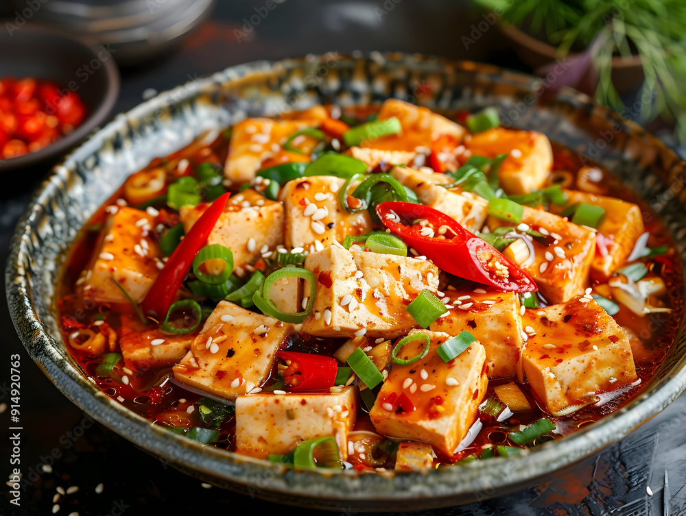 Spicy Tofu with Chili Peppers and Green Onions - Food Photography Spicy Tofu with Chili Peppers and Green Onions - Food Photography