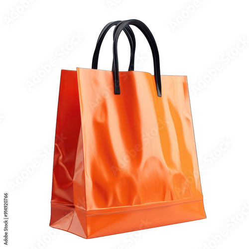 A vibrant orange shopping bag with sleek black handles, perfect for retail and promotional use. transparent background