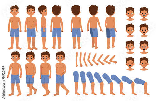 Summer boy constructor. Man in blue trunks. Pack of heads, legs and hands for creating animations. Guy relaxing on tropical beach. Flat vector collection