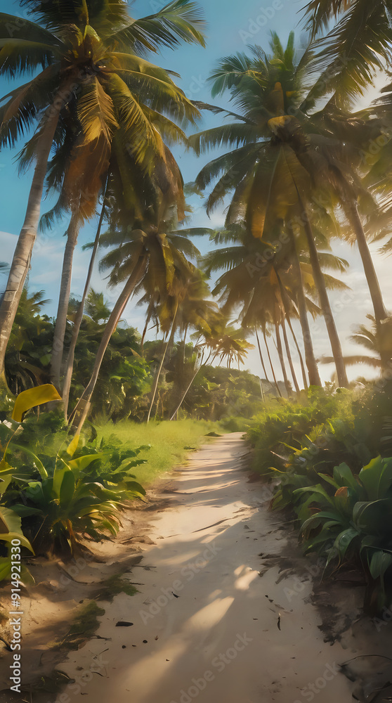 a dirt road that has palm trees on both sides a dirt road that has palm trees on both sides