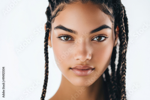 Close-up portrait of a young beautiful woman with boho braids on a white studio background.