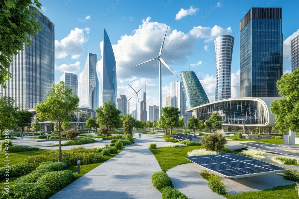 Obraz premium A vibrant urban landscape showcasing modern architecture, greenery, wind turbines, and solar panels under a bright blue sky.