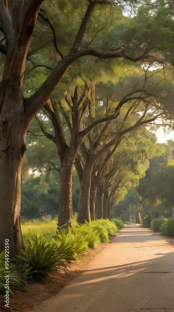 trees line a path in a park with a person walking on the side trees line a path in a park with a person walking on the side
