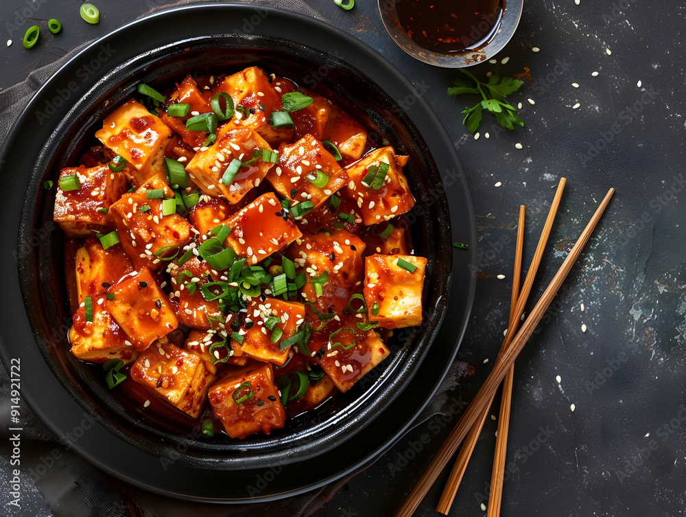 Spicy Tofu with Sesame Seeds and Green Onions - Food Photo Spicy Tofu with Sesame Seeds and Green Onions - Food Photo