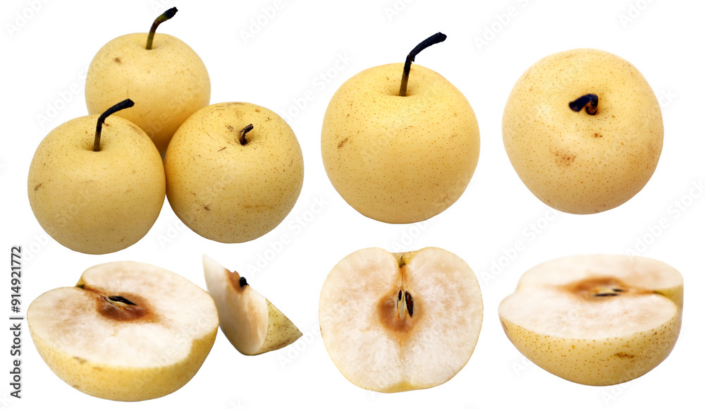 Set collection of pear fruits; different angles, whole and sliced, cut out isolated Set collection of pear fruits; different angles, whole and sliced, cut out isolated