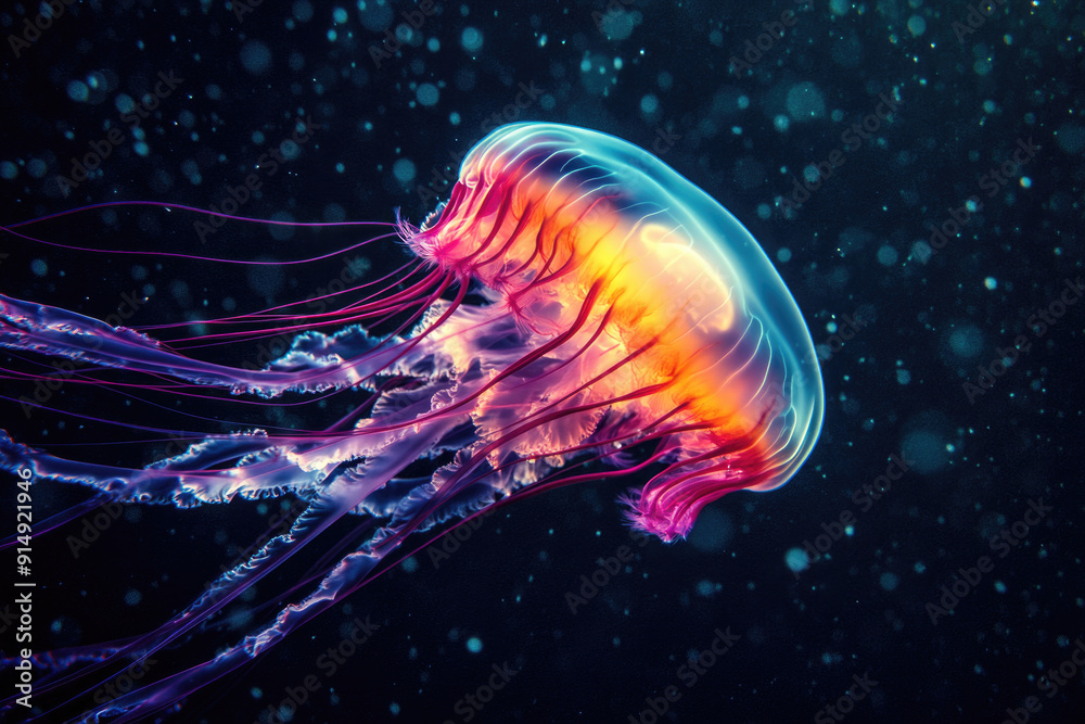 A vibrant jellyfish floating gracefully in the deep sea. A vibrant jellyfish floating gracefully in the deep sea.