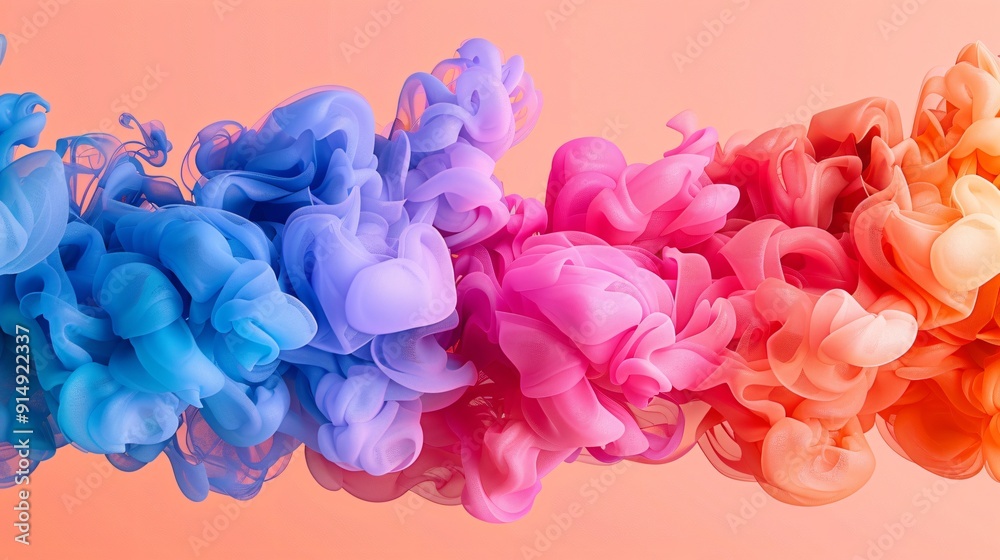 Fototapeta premium Vibrant splashes of blue, pink, and orange ink blend together, forming intricate shapes and reflections on a smooth surface