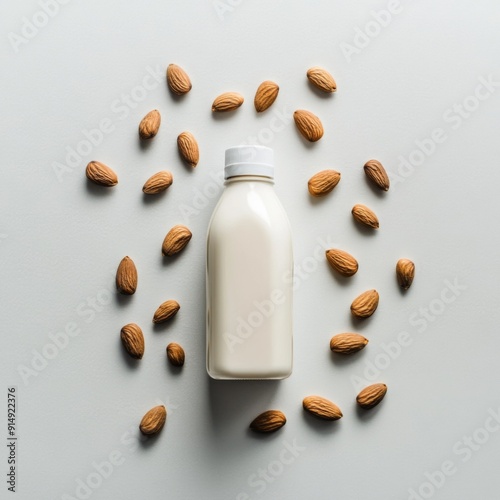 Almond Milk Simplicity: A Bottle of Plant-Based Milk with Scattered Almonds on a Minimalist Grey Background, Highlighting the Health Benefits of Vegan Nutrition. photo