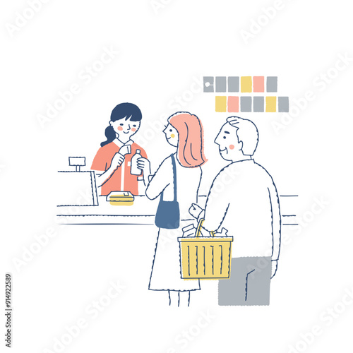 レジで会計をする店員と並んでいる客