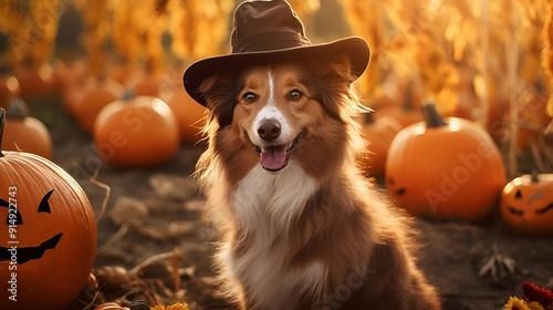 Playful Jack Russell Terrier puppy sits beside autumn pumpkin, a cute canine portrait photo