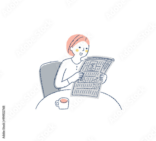 テーブルに座って新聞を読んでいる笑顔の女性