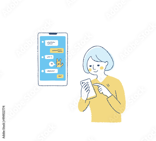 スマートフォンのメッセージアプリを使う女性