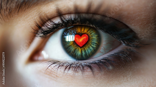 red heart inside human eye, female lady, love concept, close up