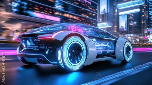Futuristic electric car with neon lights cruising through a vibrant city at night, showcasing advanced technology and modern design.