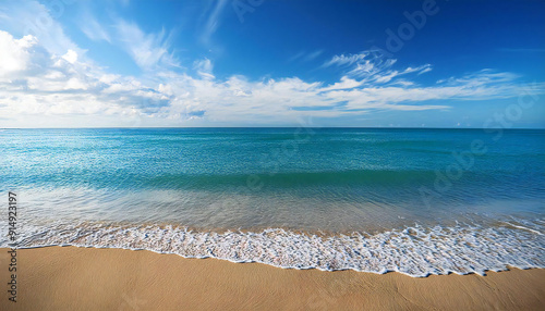 広い海と砂浜。青空。The wide sea and the sandy beach. Blue sky.