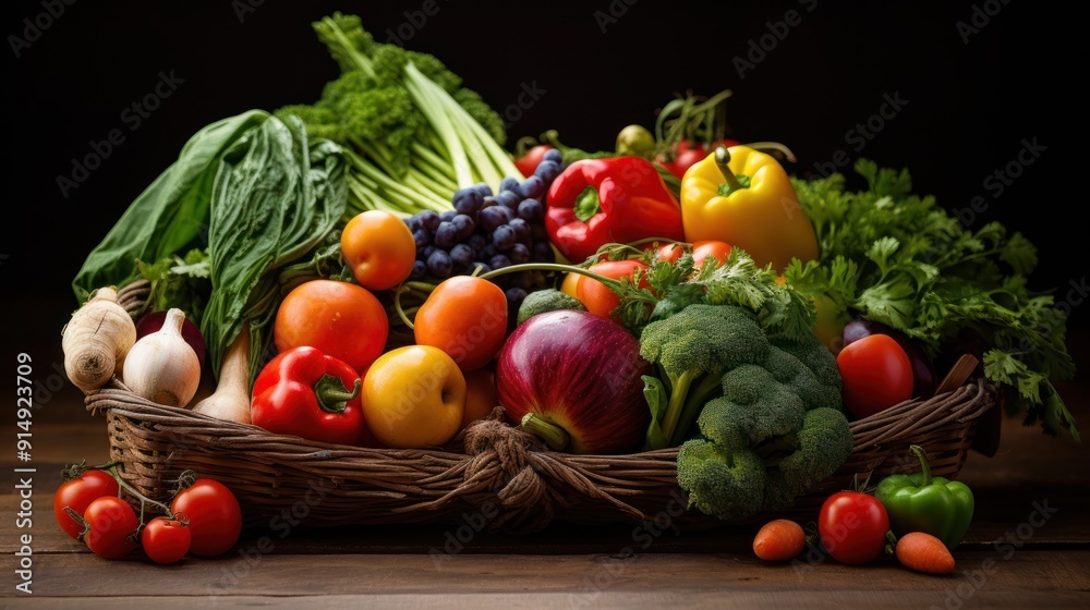 organic fruits and vegetables displayed in a basket, organic fruits and vegetables displayed in a basket,