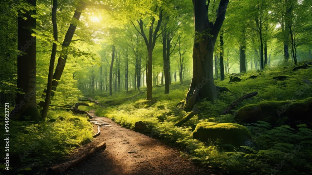 Obraz premium green forest with sunlight filtering through the trees, 