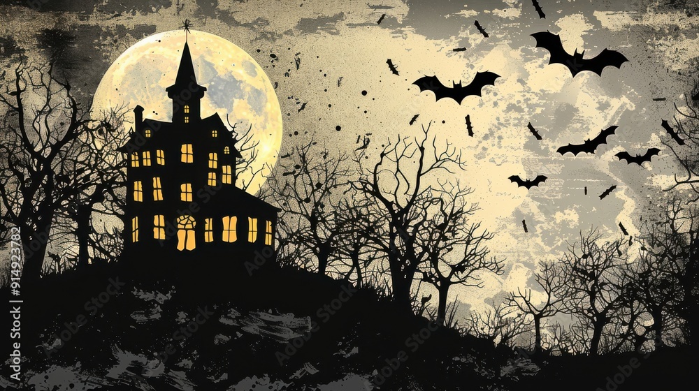 An old, spooky house on top of a hill with a full moon An old, spooky house on top of a hill with a full moon