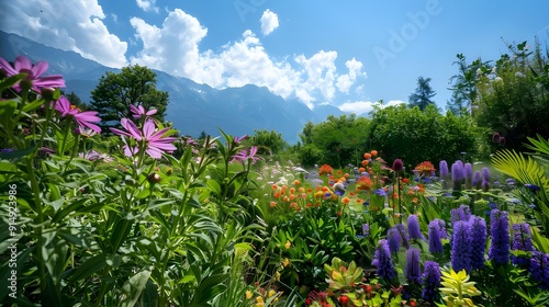 Scenic view of Trauttmannsdorf Alpine Botanical Garden in Meran (Merano), South Tyrol, Alto Adige, S??dtirol, Italy, with a variety of colorful flowers blooming against a backdrop of lush greenery photo