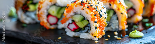 Delicious Sushi Rolls with Sesame Seeds and Tobiko -  Food Photography photo