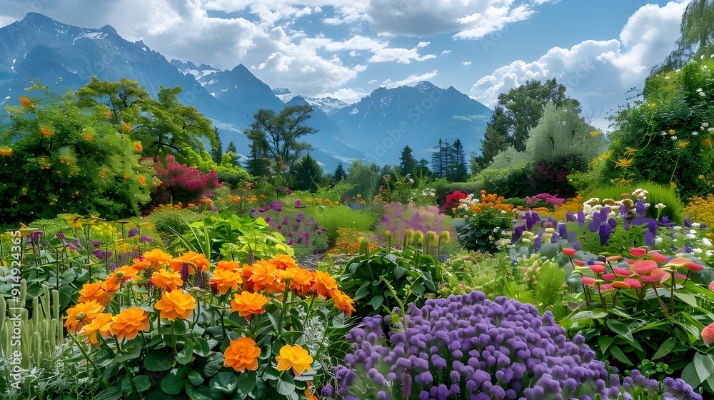 Scenic view of Trauttmannsdorf Alpine Botanical Garden in Meran (Merano), South Tyrol, Alto Adige, S??dtirol, Italy, with a variety of colorful flowers blooming against a backdrop of lush greenery Scenic view of Trauttmannsdorf Alpine Botanical Garden in Meran (Merano), South Tyrol, Alto Adige, S??dtirol, Italy, with a variety of colorful flowers blooming against a backdrop of lush greenery