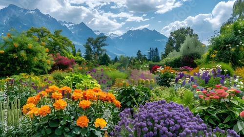Scenic view of Trauttmannsdorf Alpine Botanical Garden in Meran (Merano), South Tyrol, Alto Adige, S??dtirol, Italy, with a variety of colorful flowers blooming against a backdrop of lush greenery photo