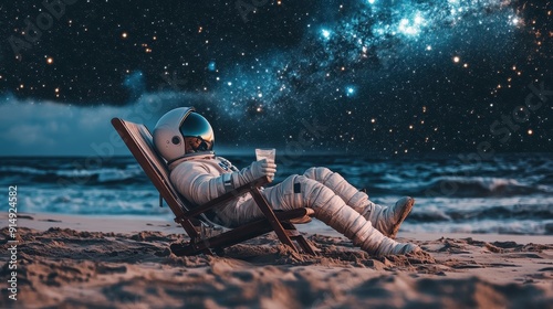 Astronaut reclining on a beach chair with a drink in hand, stars twinkling above