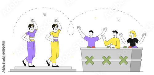 Talent show concept. Women in traditional costumes perform belly dancing on stage. Jury evaluates talented artists. Fun and entertainment. Linear vector illustration