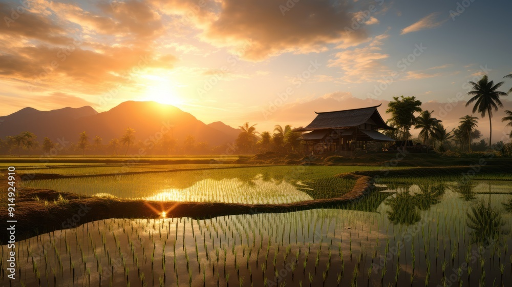 Fototapeta premium landscape of rice fields at sunset with a traditional Thai house,Asian landscape