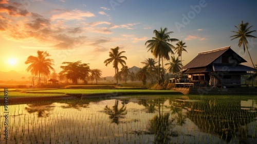 landscape of rice fields at sunset with a traditional Thai house,Asian landscape photo