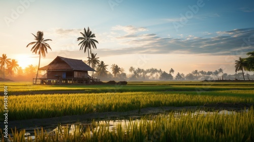 landscape of rice fields at sunset with a traditional Thai house,Asian landscape photo