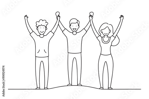 Three individuals enthusiastically raise their hands in the air, expressing joy and excitement in a lively setting ne line continuous line art vector illustration on white background.