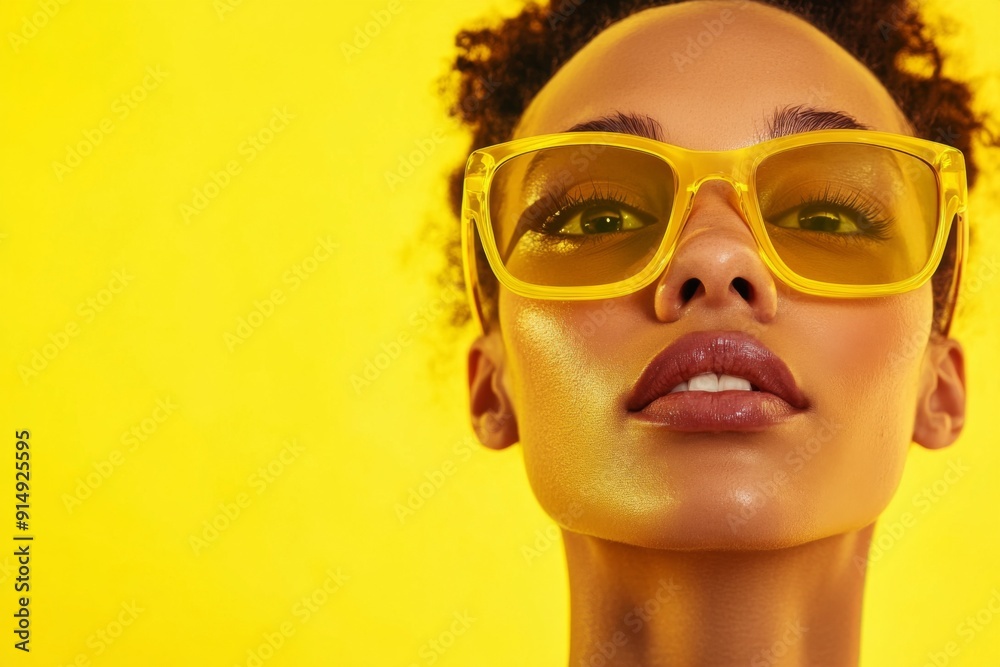 Stylish Close-up Portrait of a Woman with Trendy Yellow Sunglasses on a Bright Yellow Background: Perfect for Fashion Editorials, Summer Campaigns, and Sunglasses Ads Stylish Close-up Portrait of a Woman with Trendy Yellow Sunglasses on a Bright Yellow Background: Perfect for Fashion Editorials, Summer Campaigns, and Sunglasses Ads