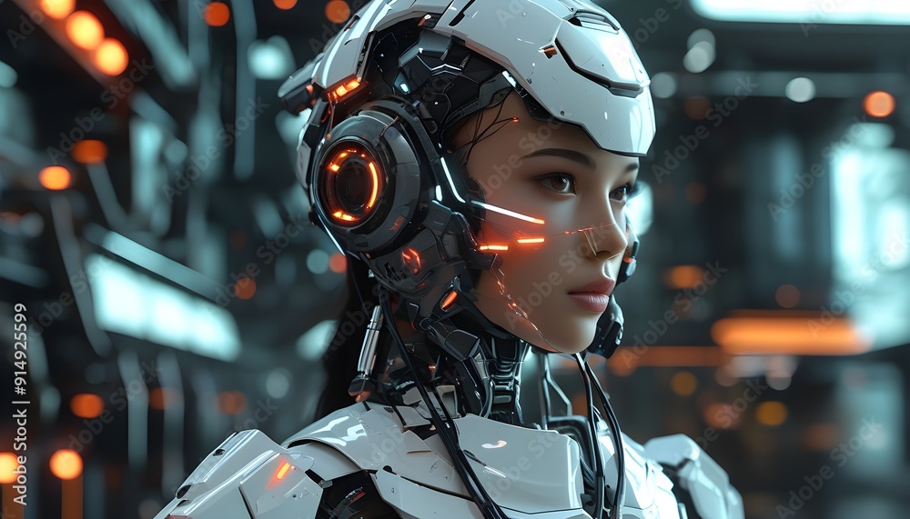The female robot with a sense of future technology has a half-side face