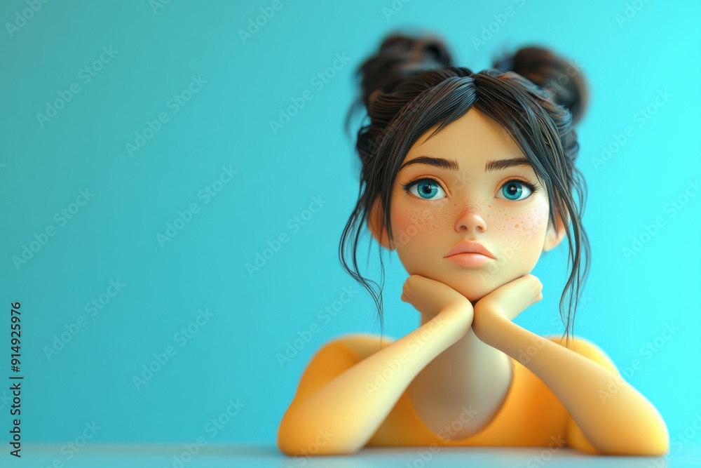 3D character close up portrait of a young woman thinking, hands on her chin, on table, with a blue gradient background, copy space, cartoon style, in the style of soft 3d clay 