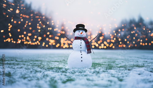 Cheerful Snowman with Scarf and Hat in Winter Wonderland photo