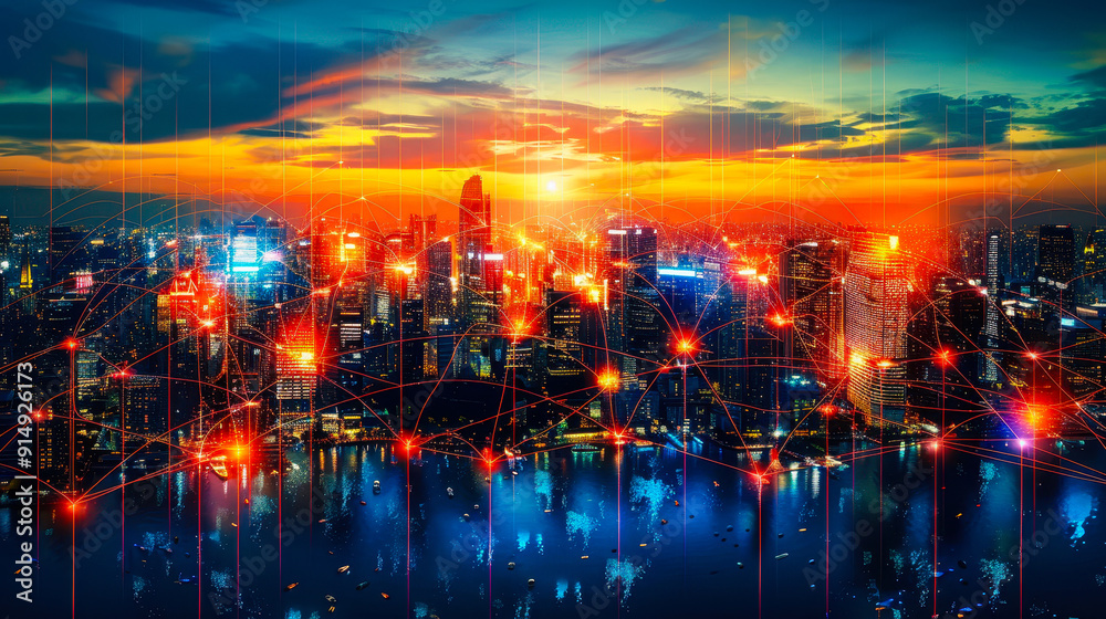 Fototapeta premium Smart City Telecom Network at Sunset - Digital Connectivity in Urban Scenery, Abstract Mixed Media Concept