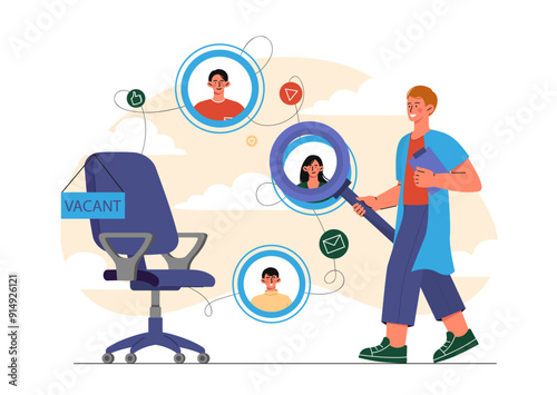 Man evaluates candidates for vacancies. Young guy with magnifying glass looks at resumes of men and women. HR manager with headhunting and recruitment. Flat vector illustration