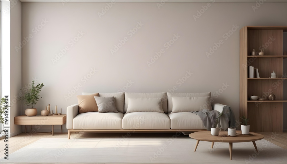 A modern, minimalist living room with a large beige sofa, wooden shelves, and a neutral color palette