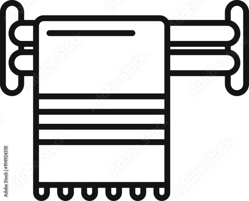 Line drawing of a towel hanging on a heated rail drying after a shower, ideal for bathroom and home decor related designs