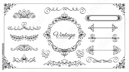 Vintage frames elements set. Decoration for books and presentations. Pack of old style vignettes. Victorian patterns and ornaments. Linear vector collection
